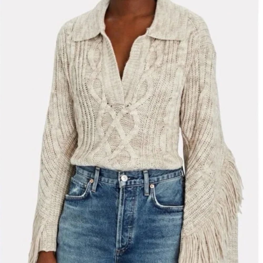 Jonathan Simkhai Kara Mouline Cable Knit‎ Fringe Polo Sweater Beige
